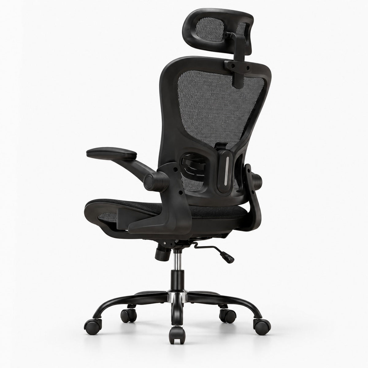 Chaise de bureau ergonomique 150 kg avec appui-tête noire, vue de trois quarts