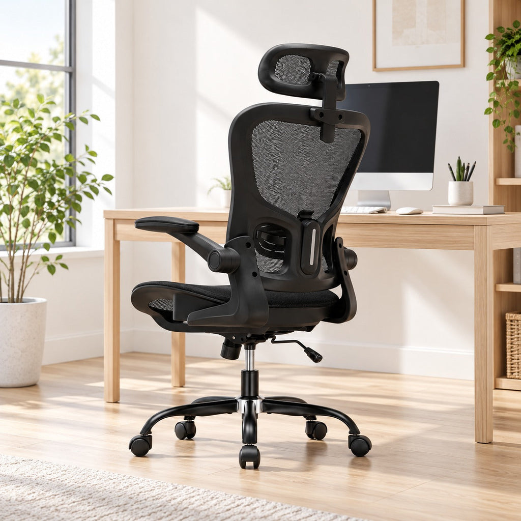 Chaise de bureau ergonomique 150 kg avec appui-tête devant un bureau en bois clair