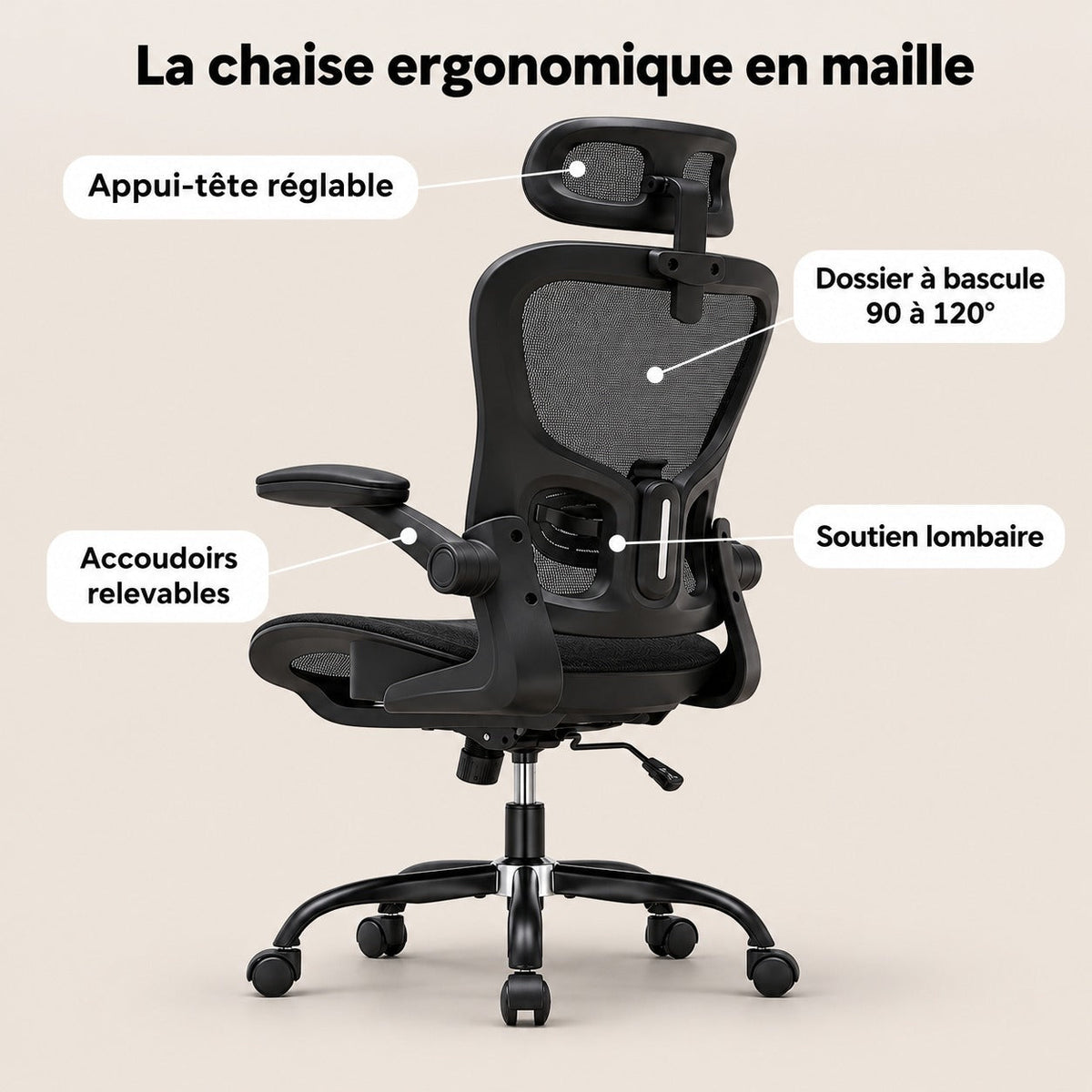Points forts de la chaise ergonomique en maille : appui-tête réglable, dossier à bascule de 90 à 120°, accoudoirs relevables, soutien lombaire