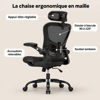 Points forts de la chaise ergonomique en maille : appui-tête réglable, dossier à bascule de 90 à 120°, accoudoirs relevables, soutien lombaire