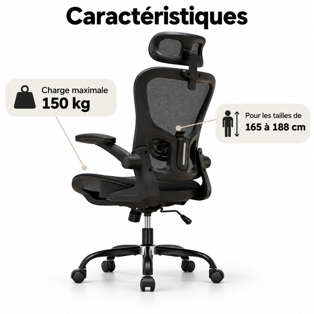 Caractéristiques de la chaise ergonomique : charge maximale 150 kg, pour les tailles de 165 à 188 cm