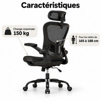 Caractéristiques de la chaise ergonomique : charge maximale 150 kg, pour les tailles de 165 à 188 cm