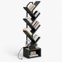 Bibliothèque arbre 6 niveaux noire avec éclairage LED, vue de trois quarts