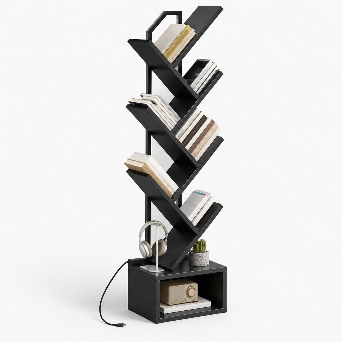 Bibliothèque arbre 6 niveaux noire avec éclairage LED, vue de trois quarts