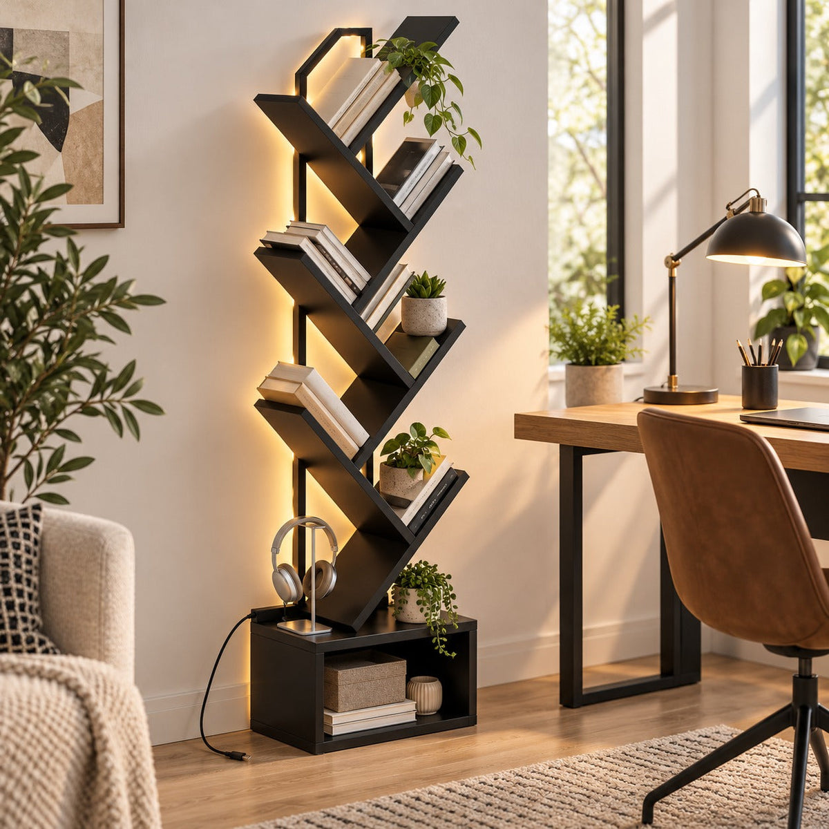Bibliothèque arbre 6 niveaux noire avec éclairage LED installée dans un bureau à domicile lumineux