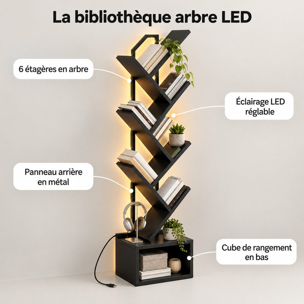 Points forts de la bibliothèque arbre : 6 étagères en biais, éclairage LED réglable, panneau arrière en métal, cube de rangement