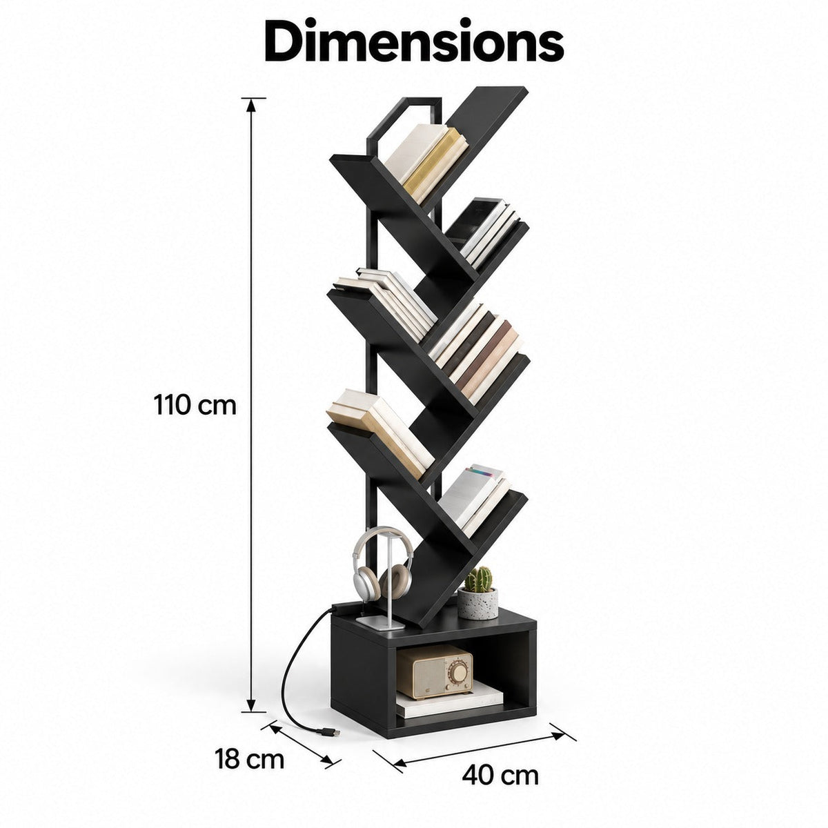 Dimensions de la bibliothèque arbre : 40 x 18 cm au sol, 110 cm de haut