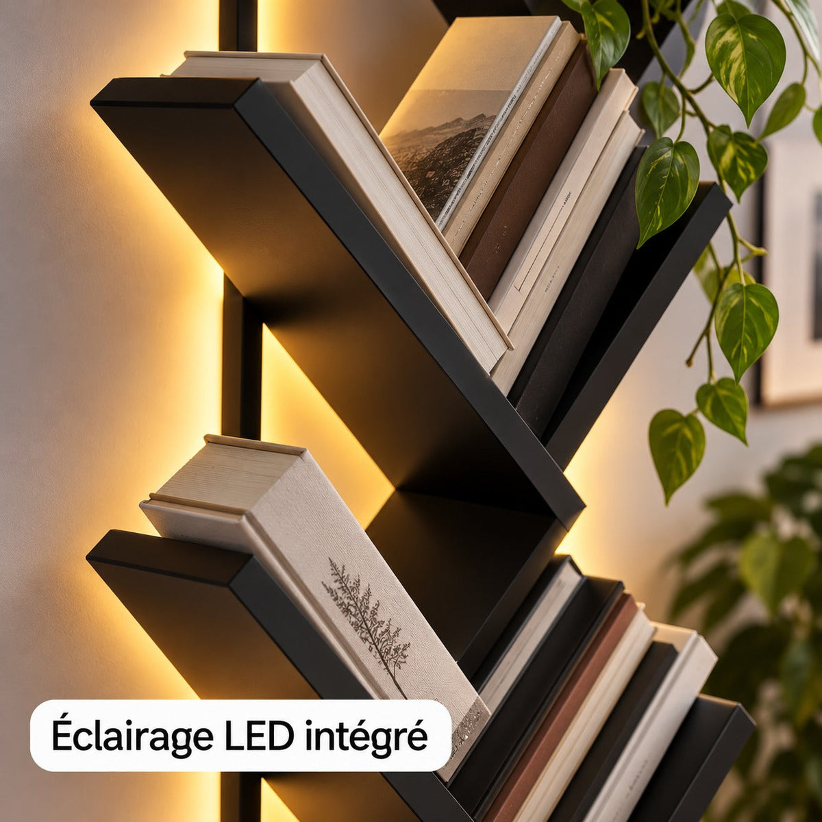 Gros plan sur l'éclairage LED intégré de la bibliothèque arbre