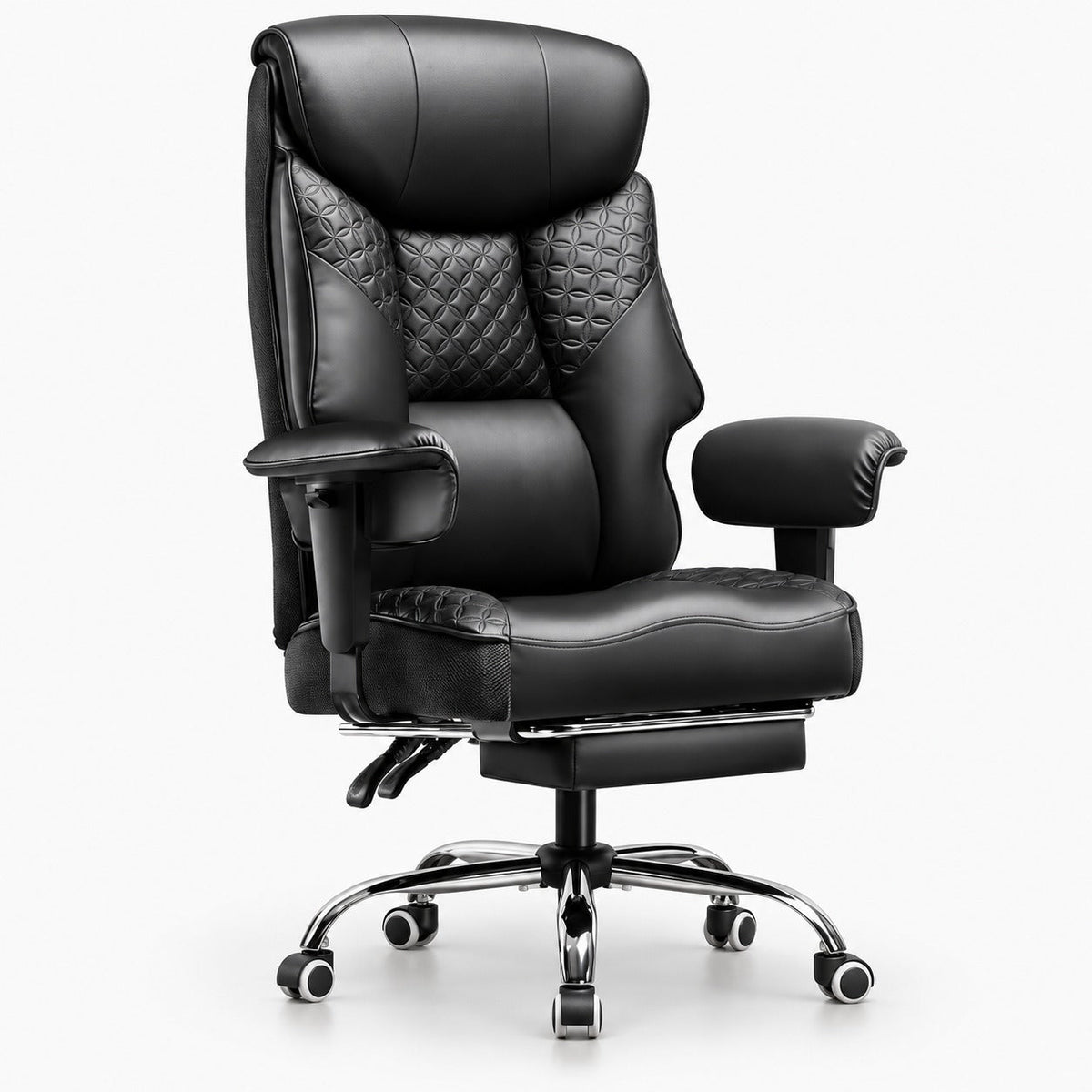 Fauteuil gaming renforcé 180 kg avec repose-pieds noir, vue de trois quarts