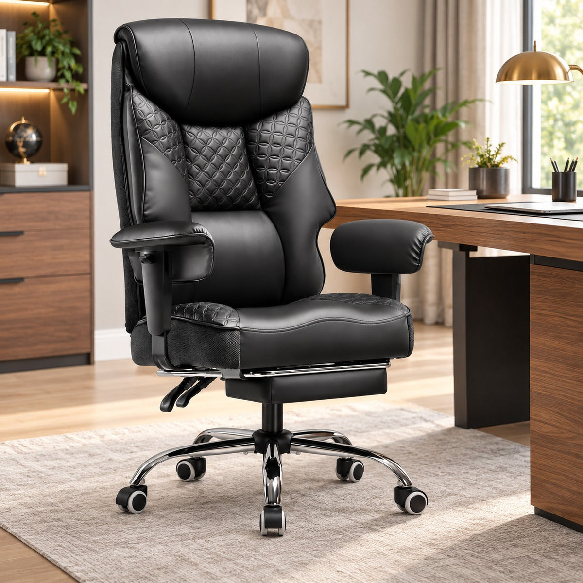 Fauteuil gaming renforcé 180 kg avec repose-pieds noir dans un bureau à domicile
