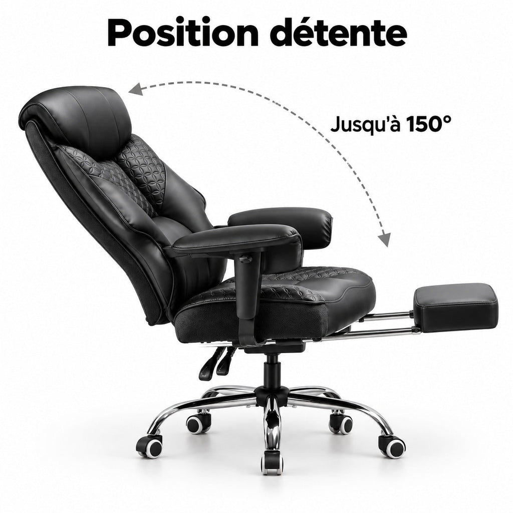 Fauteuil en position détente, dossier incliné jusqu'à 150° et repose-pieds sorti
