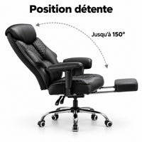 Fauteuil en position détente, dossier incliné jusqu'à 150° et repose-pieds sorti