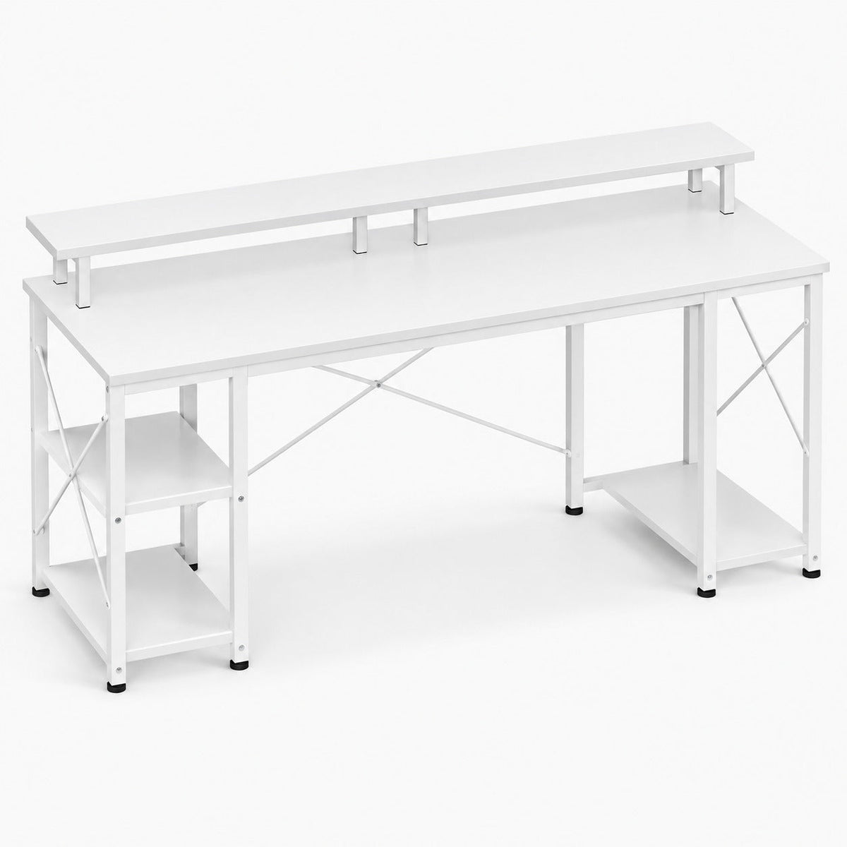 Bureau 120 cm blanc avec support d'écran et étagère, vue de trois quarts