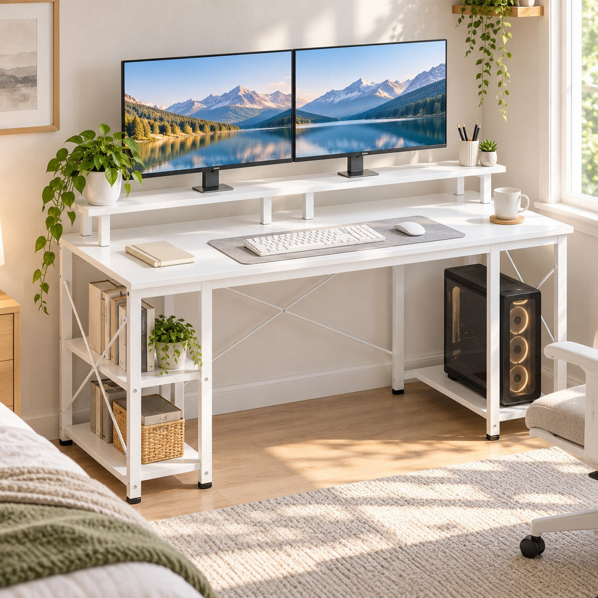 Bureau 120 cm blanc avec support d'écran installé dans un bureau à domicile lumineux avec deux écrans