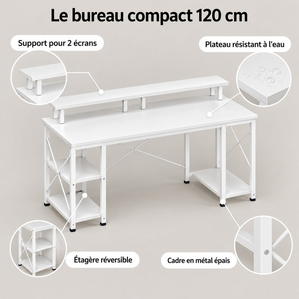 Points forts du bureau compact 120 cm blanc : support pour 2 écrans, étagère réversible, plateau résistant