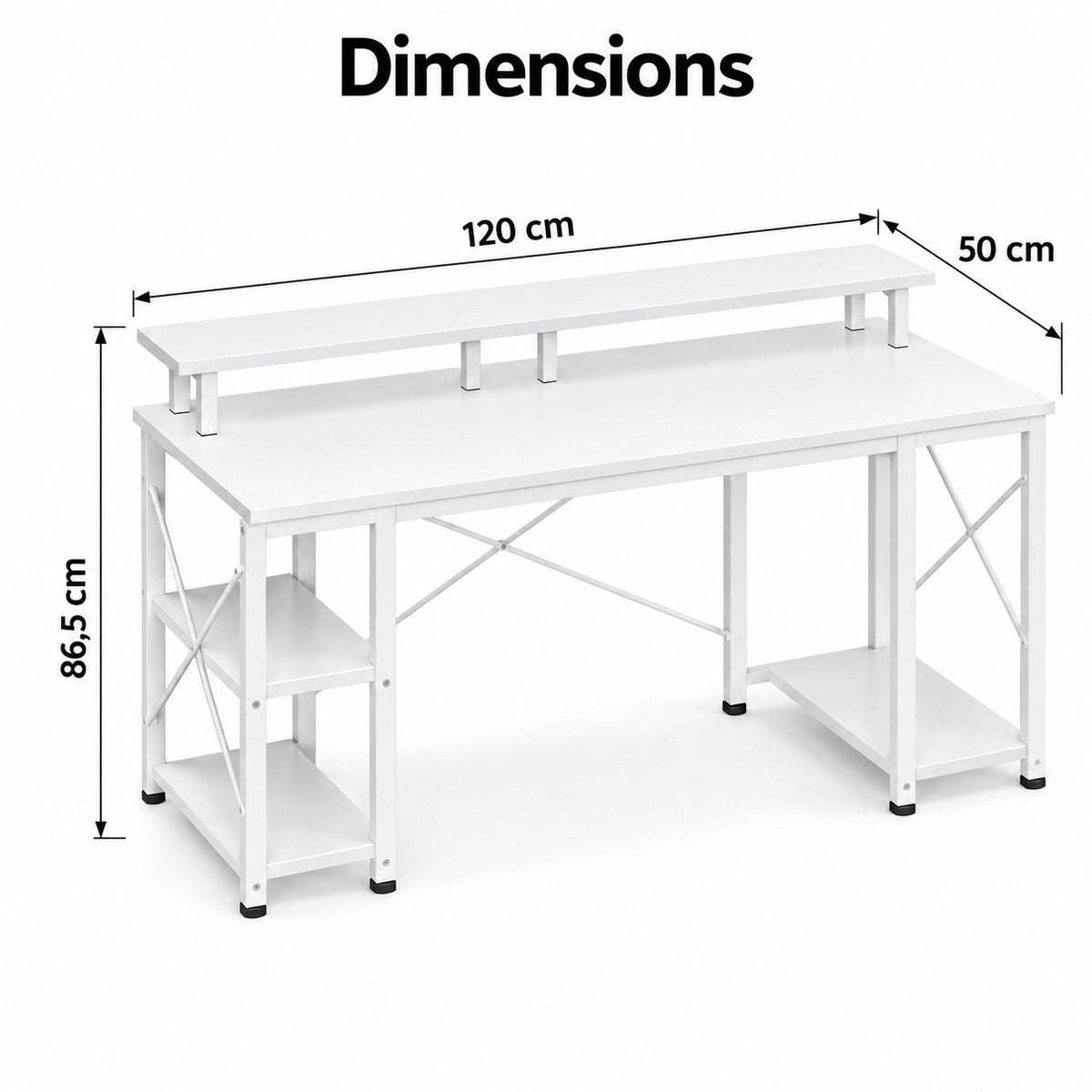 Dimensions du bureau blanc : 120 x 50 cm, hauteur 86,5 cm