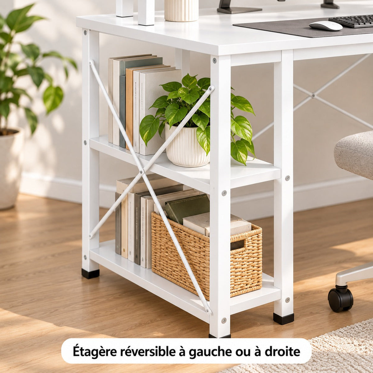 Gros plan sur l'étagère réversible du bureau blanc