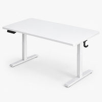 Bureau assis-debout électrique avec prise USB et crochet blanc, vue de trois quarts