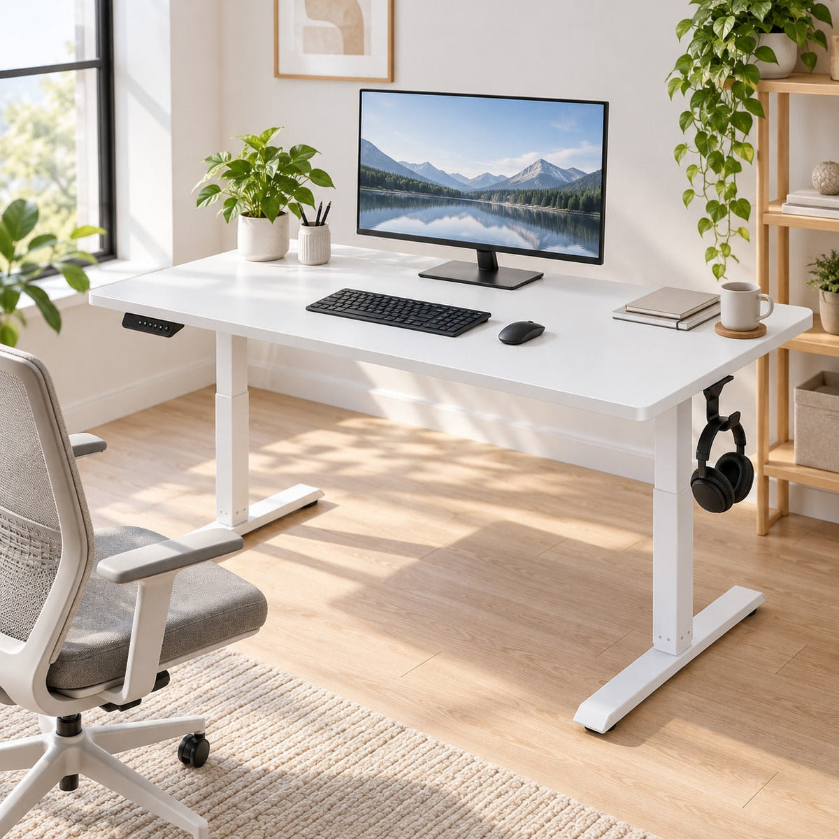 Bureau assis-debout électrique avec prise USB et crochet blanc dans un bureau à domicile lumineux