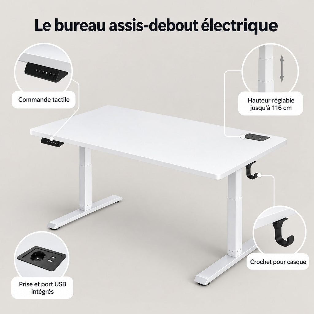 Points forts du bureau assis-debout : commande tactile, hauteur jusqu'à 116 cm, prise et port USB, crochet pour casque