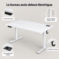 Points forts du bureau assis-debout : commande tactile, hauteur jusqu'à 116 cm, prise et port USB, crochet pour casque