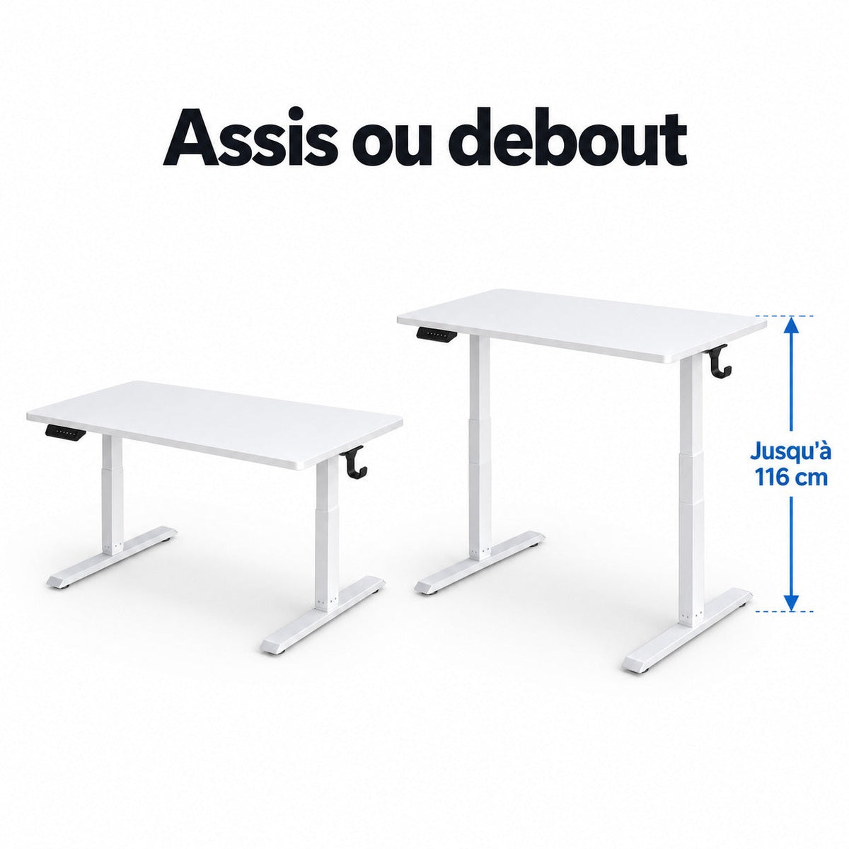 Bureau assis-debout blanc en position assise et debout, jusqu'à 116 cm