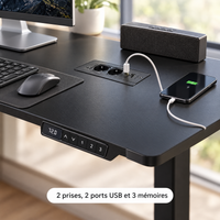 Gros plan sur les prises, ports USB et la commande à 3 mémoires du bureau d'angle électrique