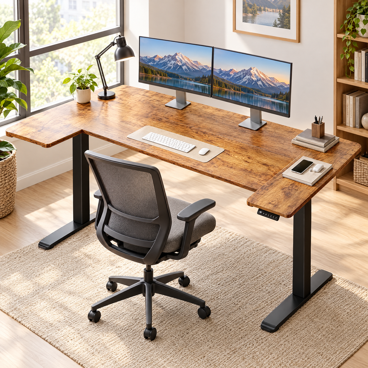 Bureau assis-debout électrique 140 x 70 cm marron vintage installé dans un bureau à domicile lumineux