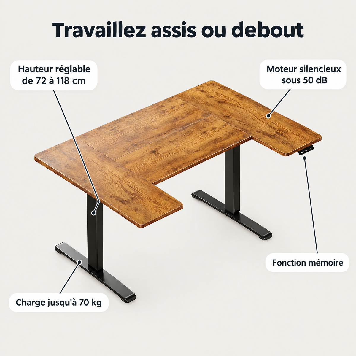 Points forts du bureau assis-debout : hauteur réglable de 72 à 118 cm, moteur silencieux sous 50 dB, fonction mémoire, charge jusqu'à 70 kg