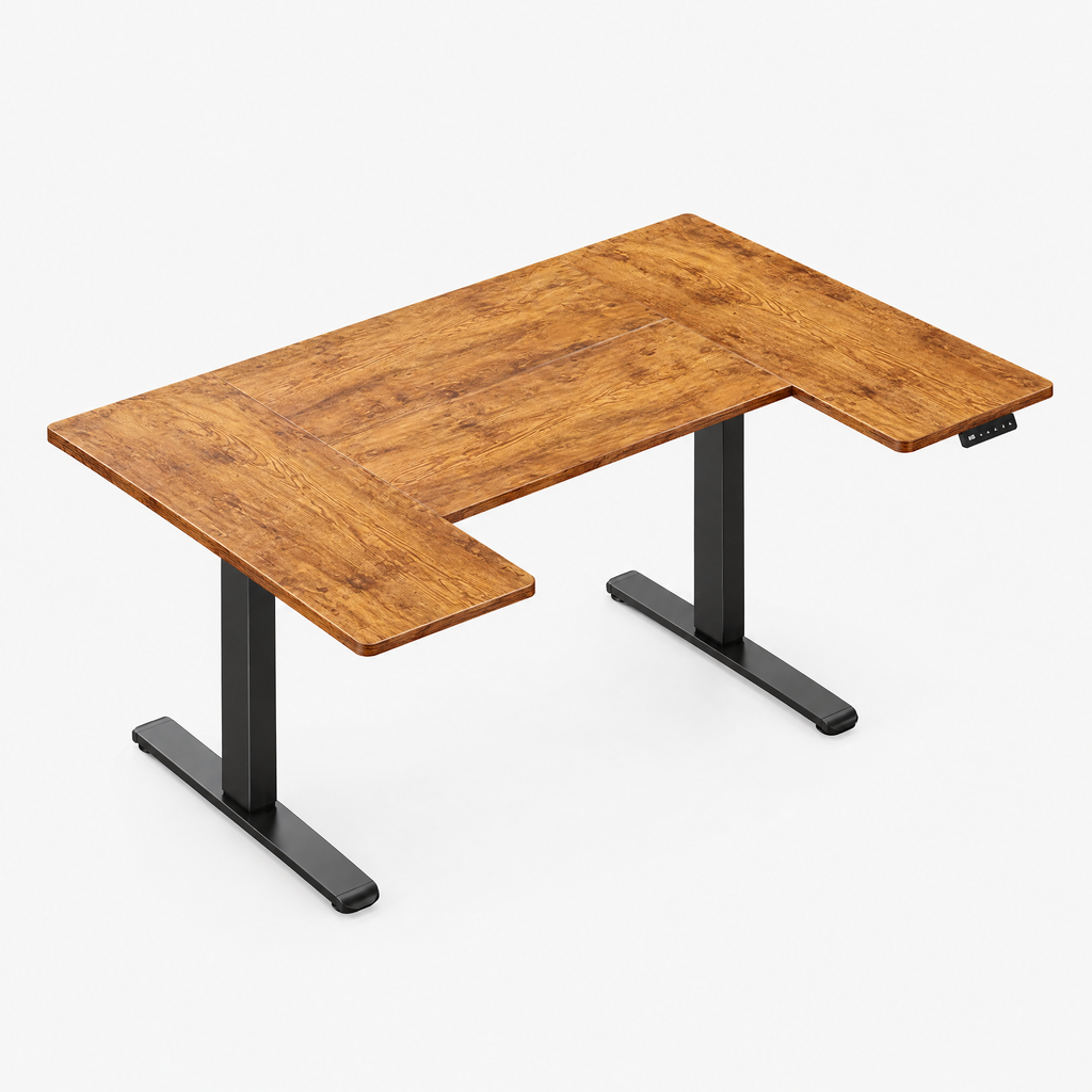 Bureau assis-debout électrique 140 x 70 cm marron vintage, vue de trois quarts sur fond gris clair
