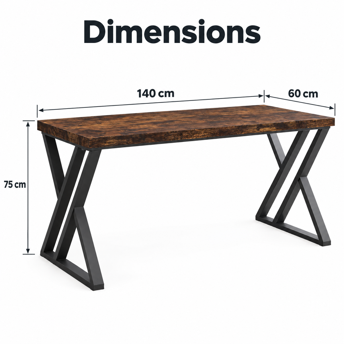 Dimensions du bureau industriel : 140 x 60 x 75 cm