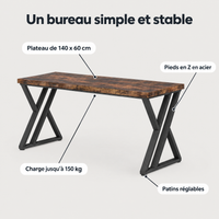 Points forts du bureau industriel 140 cm : plateau épais, pieds en acier, charge jusqu'à 150 kg, patins réglables