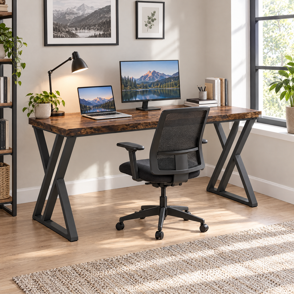 Bureau 140 x 60 cm style industriel avec pieds en métal installé dans une pièce lumineuse