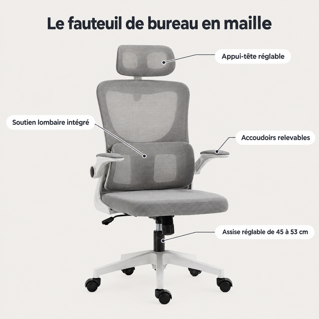 Points forts du fauteuil de bureau en maille : appui-tête réglable, soutien lombaire, accoudoirs relevables, assise réglable