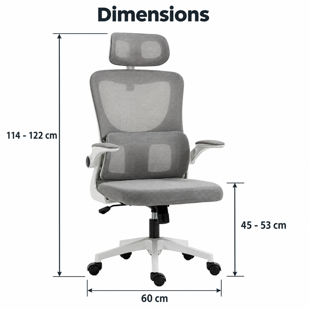Dimensions du fauteuil de bureau en maille : hauteur de 114 à 122 cm, assise de 45 à 53 cm