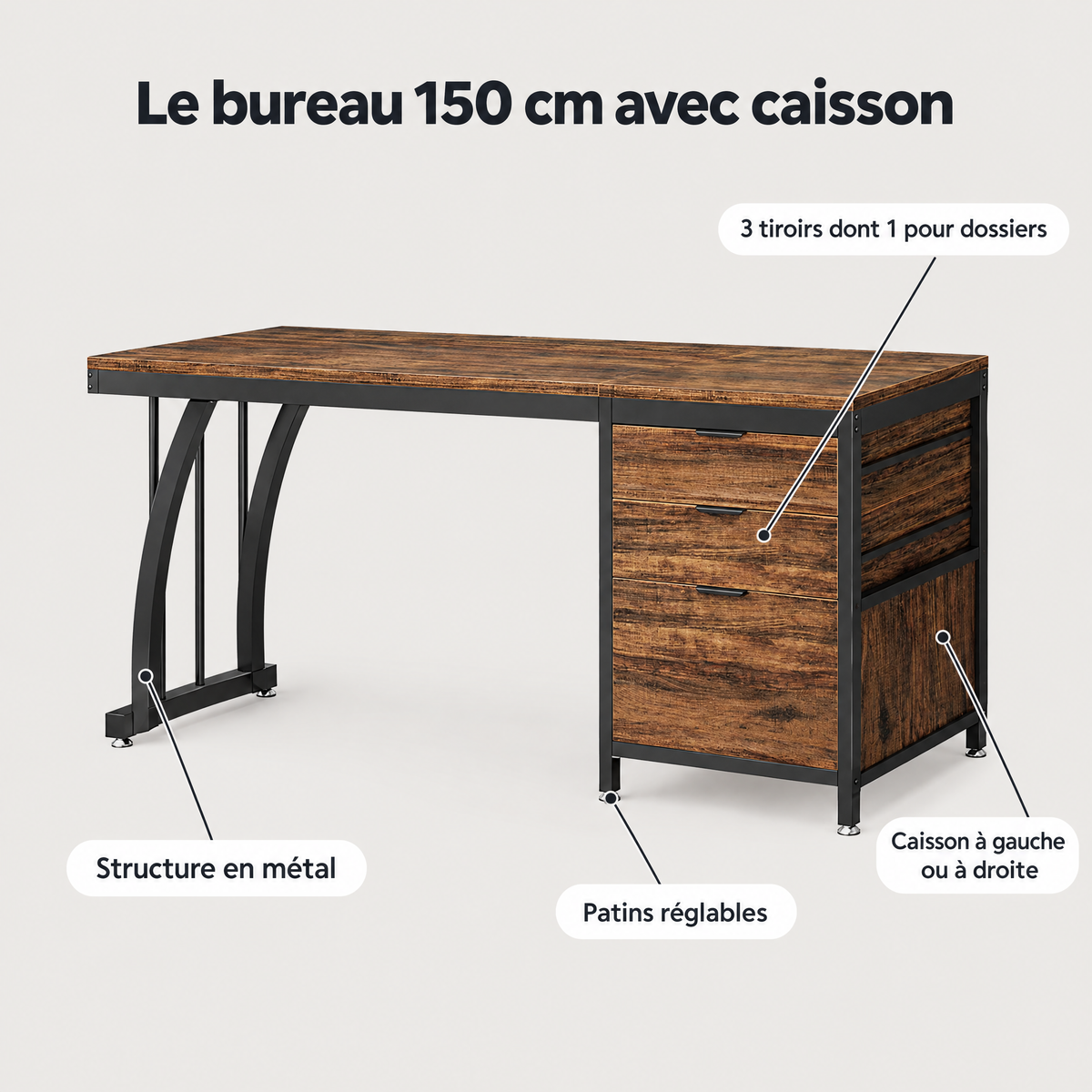 Avantages du bureau 150 cm : 3 tiroirs, caisson réversible, structure en métal