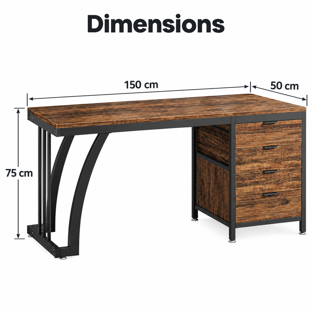 Dimensions du bureau : 150 x 50 x 75 cm