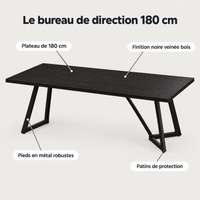 Avantages du bureau de direction 180 cm : plateau 180 cm, finition noire, pieds en métal