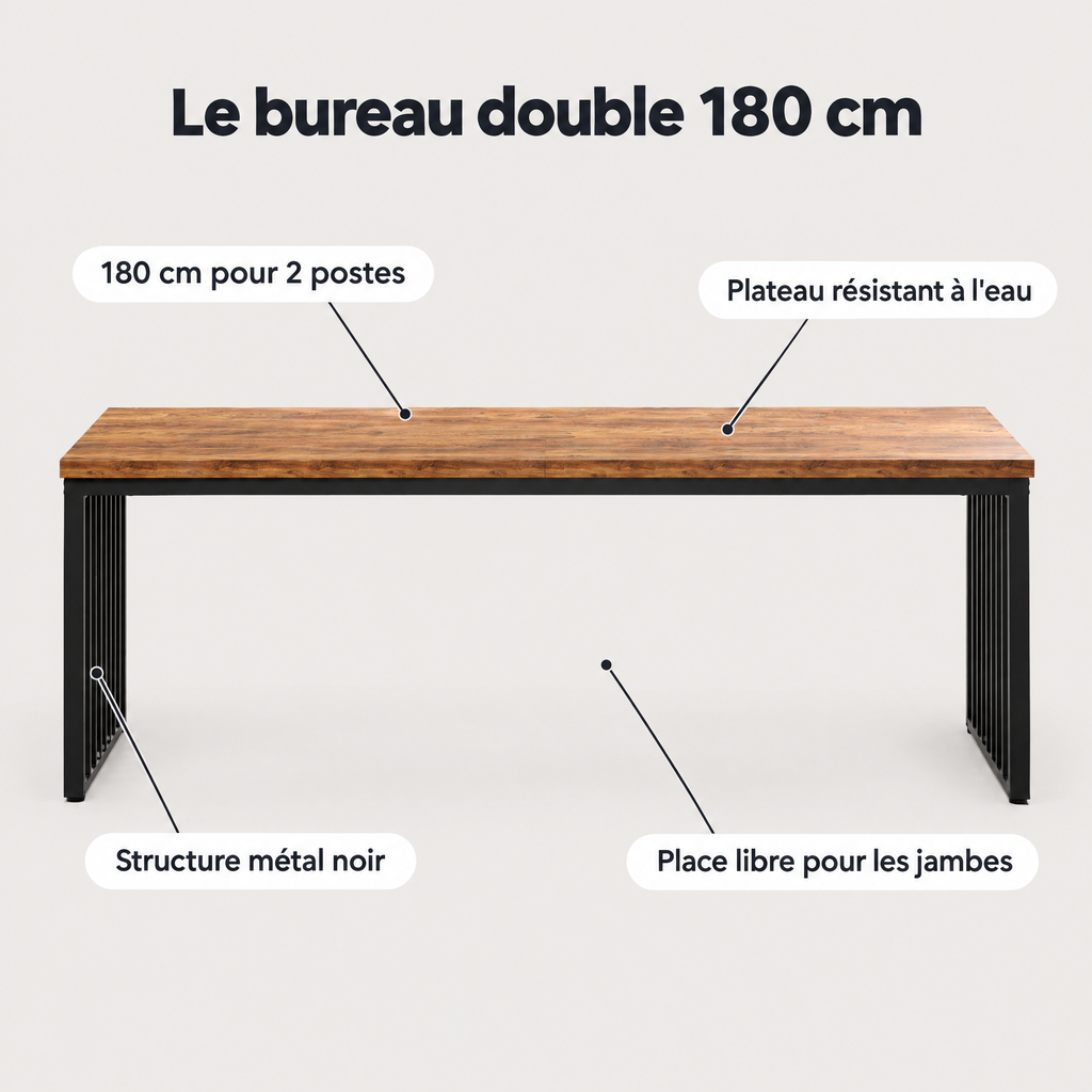 Avantages du bureau double 180 cm : deux postes de travail, structure en métal, plateau résistant