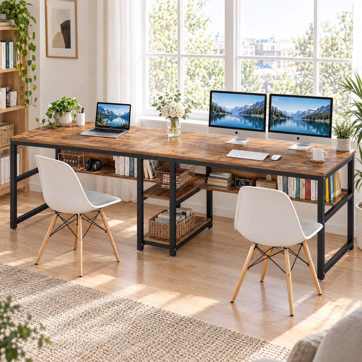 Bureau double 200 cm avec étagères intégrées installé dans une pièce lumineuse
