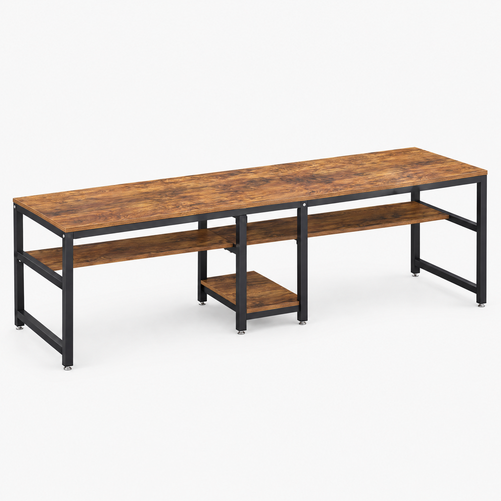 Bureau double 200 cm avec étagères intégrées, vue de trois quarts