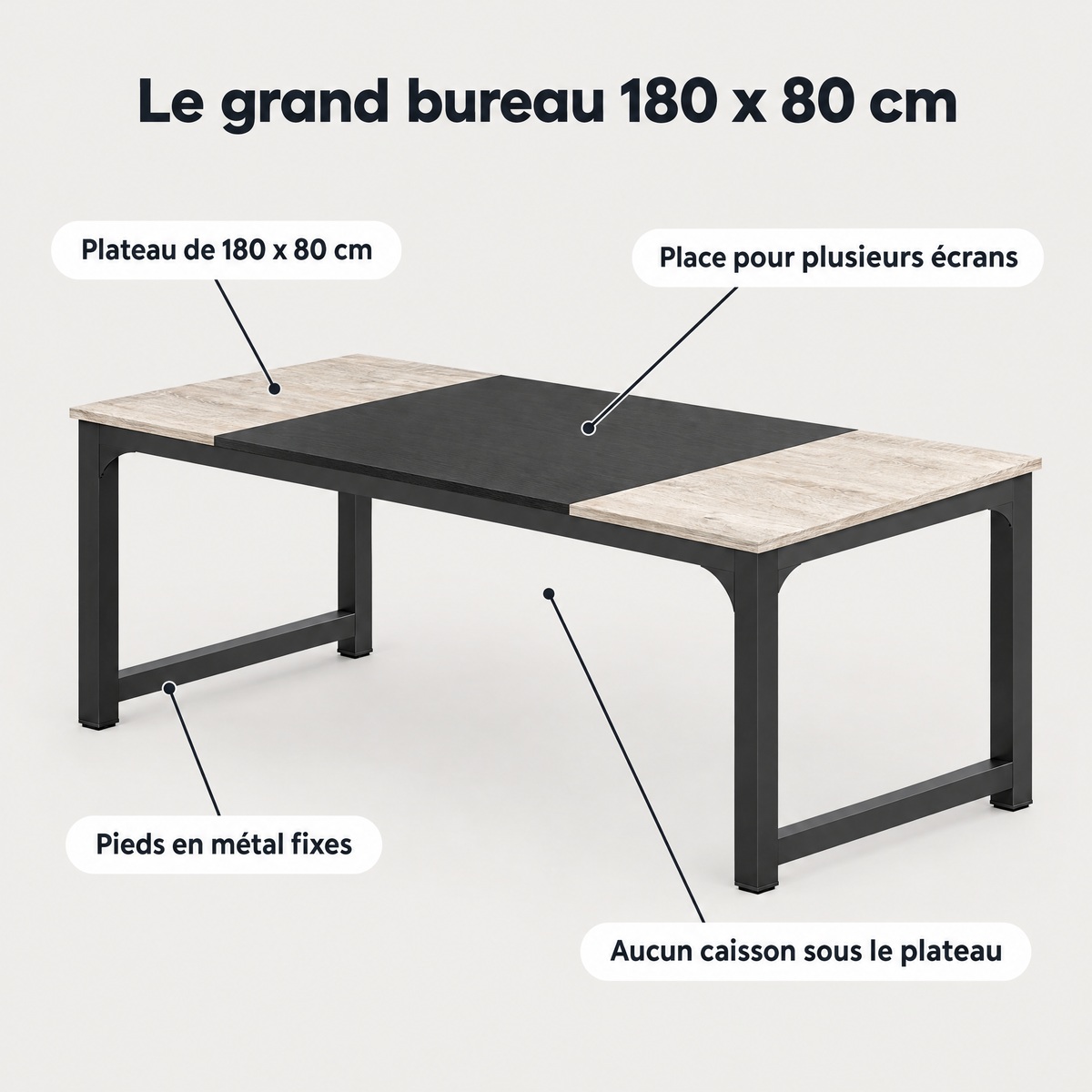 Avantages du grand bureau : plateau 180 x 80 cm, place pour plusieurs écrans, pieds en métal fixes
